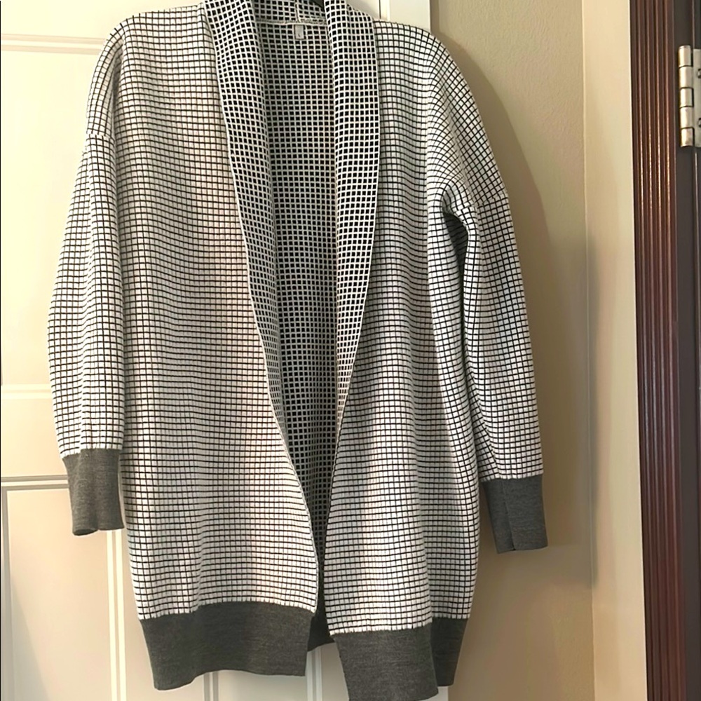 Waffle Open Front Cardigan Sweater L Knit Window Pane Casual Career